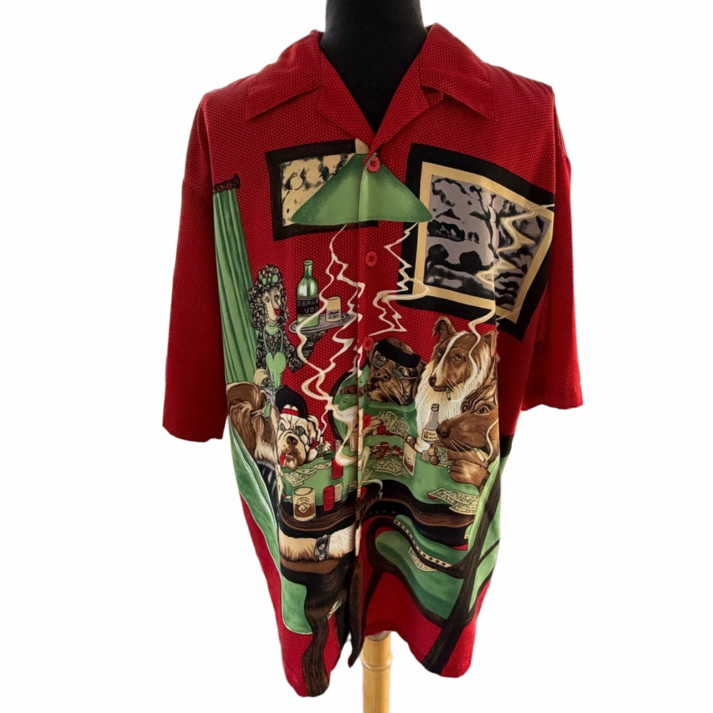 DRAGONFLY Dogs Playing Poker Button Up Short Sleeve Shirt Size XL Y2K Vtg Vegas